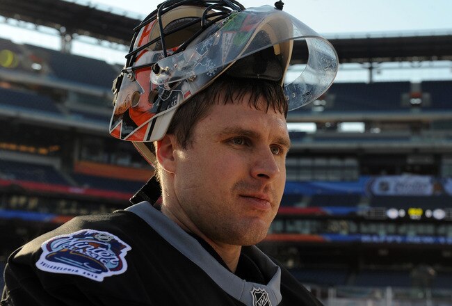 PHILADELPHIA, PA - JANUARY 1: Ilya Bryzgalov #30 of the Philadelphia Flyers looks on during practice for the 2012 Bridgestone NHL Winter Classic at Citizens Bank Park on January 1, 2012 in Philadelphia, Pennsylvania. (Photo by Christopher Pasatieri/Getty Images)
