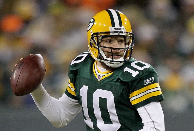GREEN BAY, WI - DECEMBER 25: Backup quarterback Matt Flynn #10 of the Green Bay Packers replaces Aaron Rodgers in the fourth quarter against the Chicago Bears at Lambeau Field on December 25, 2011 in Green Bay, Wisconsin.  (Photo by Matthew Stockman/Getty Images)