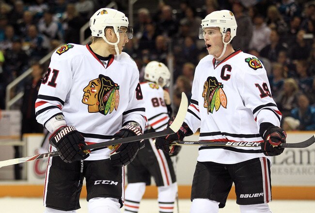 SAN JOSE, CA - NOVEMBER 24:  Marian Hossa #81 talks with Jonathan Toews #19 of the Chicago Blackhawks during their game against the San Jose Sharks at HP Pavilion on November 24, 2010 in San Jose, California.  (Photo by Ezra Shaw/Getty Images)
