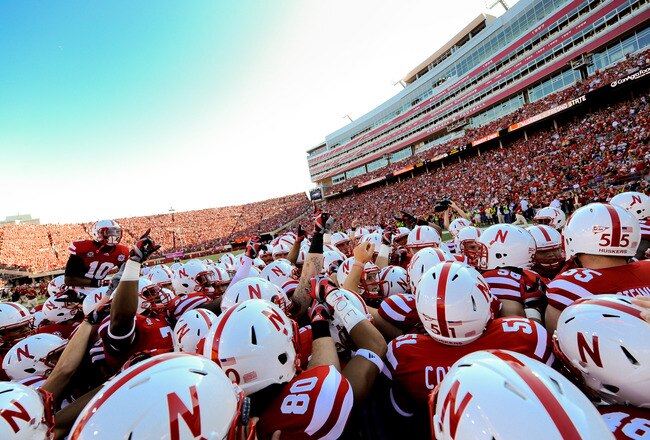 LINCOLN, NE - SEPTEMBER 10: The Nebraska Cornhusker football team huddles before their game against the Fresno State Bulldogs at Memorial Stadium September 10, 2011 in Lincoln, Nebraska. Nebraska won 42-29.(Photo by Eric Francis/Getty Images)