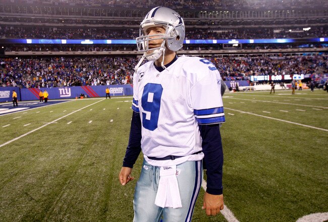 EAST RUTHERFORD, NJ - JANUARY 01:   Tony Romo #9 of the Dallas Cowboys walks off of the field after losing against the New York Giants at MetLife Stadium on January 1, 2012 in East Rutherford, New Jersey.  (Photo by Rich Schultz/Getty Images)