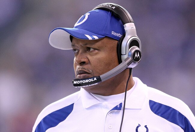 INDIANAPOLIS, IN - DECEMBER 18:  Jim Caldwell the head coach of the Indianapolis Colts watches the action during Colts 27-13 win over the Tennessee Titans in the NFL game at Lucas Oil Stadium on December 18, 2011 in Indianapolis, Indiana.  (Photo by Andy Lyons/Getty Images)