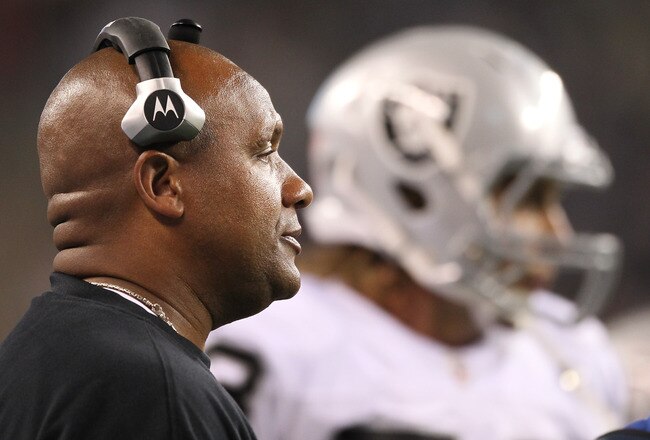 SEATTLE, WA - SEPTEMBER 02:  Head coach Hue Jackson of the Oakland Raiders looks on during the game against the Seattle Seahawks at CenturyLink Field on September 2, 2011 in Seattle, Washington. (Photo by Otto Greule Jr/Getty Images)