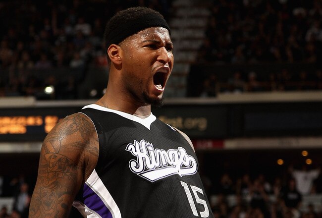 SACRAMENTO, CA - DECEMBER 26:  DeMarcus Cousins #15 of the Sacramento Kings celebrates after making a basket against the Los Angeles Lakers at Power Balance Pavilion on December 26, 2011 in Sacramento, California.  NOTE TO USER: User expressly acknowledges and agrees that, by downloading and or using this photograph, User is consenting to the terms and conditions of the Getty Images License Agreement.  (Photo by Ezra Shaw/Getty Images)