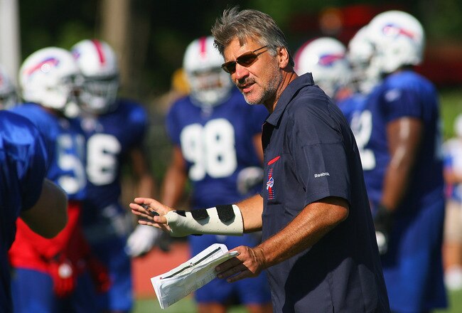 PITTSFORD, NY - AUGUST 08: Dave Wannstedt, Assistant head coach/linebackers coach  of the Buffalo Bills talks to players during Buffalo Bills Training Camp at St. John Fisher College on August 8, 2011 in Pittsford, New York.  (Photo by Rick Stewart/Getty Images)