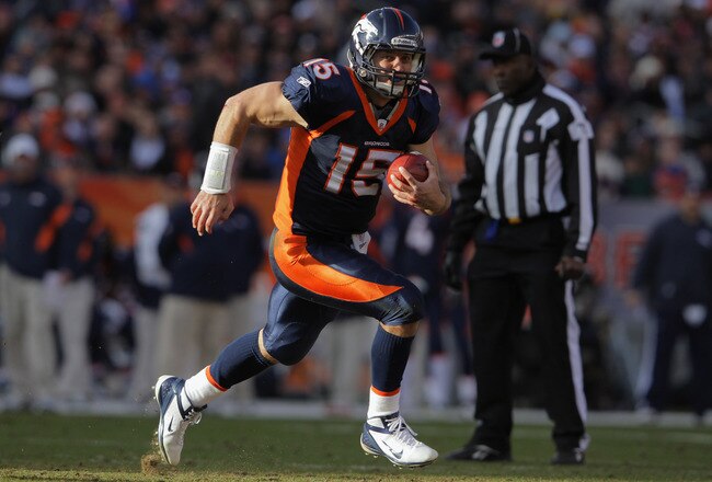 DENVER, CO - JANUARY 01:  Quarterback Tim Tebow #15 of the Denver Broncos rushes witht the ball against the Kansas City Chiefs at Sports Authority Field at Mile High on January 1, 2012 in Denver, Colorado. The Chiefs defeated the Broncos 7-3 as the Broncos advanced to the AFC playoffs.  (Photo by Doug Pensinger/Getty Images)