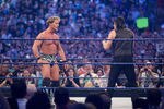 HOUSTON, TX - APRIL 5: (L-R) WWE Superstar Chris Jericho taunts actor Mickey Rourke as they prepare to duel during WrestleMania 25 at Reliant Stadium on April 5, 2009 in Houston, Texas.  (Photo by Bill Olive/Getty Images)