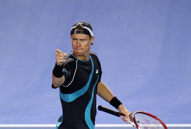 MELBOURNE, AUSTRALIA - JANUARY 18:  Lleyton Hewitt of Australia gestures his first round match against David Nalbandian of Argentina during day two of the 2011 Australian Open at Melbourne Park on January 18, 2011 in Melbourne, Australia.  (Photo by Julian Finney/Getty Images)
