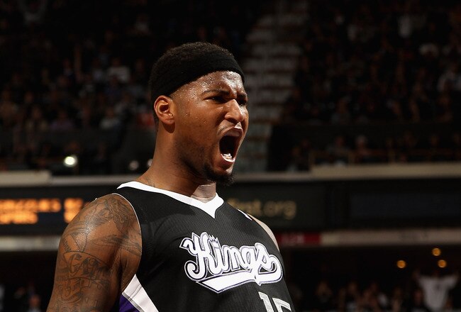 SACRAMENTO, CA - DECEMBER 26:  DeMarcus Cousins #15 of the Sacramento Kings celebrates after making a basket against the Los Angeles Lakers at Power Balance Pavilion on December 26, 2011 in Sacramento, California.  NOTE TO USER: User expressly acknowledges and agrees that, by downloading and or using this photograph, User is consenting to the terms and conditions of the Getty Images License Agreement.  (Photo by Ezra Shaw/Getty Images)