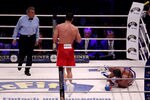 HAMBURG, GERMANY - JULY 02:  Wladimir Klitschko of the Ukraine knocks down David Haye of England to the floor during their heavy weight unification match at the Imtech Arena on July 2, 2011 in Hamburg, Germany.  (Photo by Scott Heavey/Getty Images)