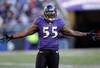 BALTIMORE, MD - DECEMBER 24:  Terrell Suggs #55 of the Baltimore Ravens motions to the crowd during the second half against the Cleveland Browns at M&T Bank Stadium on December 24, 2011 in Baltimore, Maryland.  (Photo by Rob Carr/Getty Images)