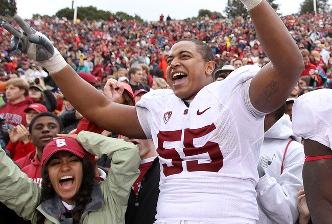 BERKELEY, CA - NOVEMBER 20:  Michael Thomas #3 and Jonathan Martin #55 of the Stanford Cardinal celebrate after beating the California Golden Bears at California Memorial Stadium on November 20, 2010 in Berkeley, California.  (Photo by Ezra Shaw/Getty Images)