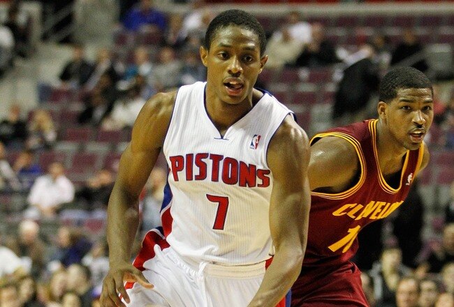 AUBURN HILLS, MI - DECEMBER 28:  Brandon Knight #7 of the Detroit Pistons dribbles in front of Tristan Thompson #13 of the Cleveland Cavaliers on December 28, 2011 at the Palace of Auburn Hills in Auburn Hills, Michigan. Cleveland won the game 105-89.  NOTE TO USER: User expressly acknowledges and agrees that, by downloading and or using this photograph, User is consenting to the terms and conditions of the Getty Images License Agreement. (Photo by Gregory Shamus/Getty Images)