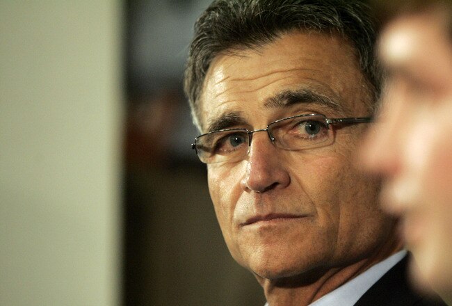 LAKE FOREST, IL - APRIL 3: The Chicago Bears General manager Jerry Angelo looks on as the Bears announce Jay Cutler as their new quarterback during a press conference on April 3, 2009 at Halas Hall in Lake Forest, Illinois.  (Photo by Jim Prisching/Getty Images)