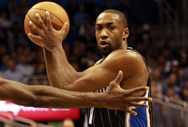 ORLANDO, FL - FEBRUARY 03:Guard Gilbert Arenas #1 of the Orlando Magic drives against the Miami Heat at Amway Arena on February 3, 2011 in Orlando, Florida. NOTE TO USER: User expressly acknowledges and agrees that, by downloading and/or using this Photograph, User is consenting to the terms and conditions of the Getty Images License Agreement. (Photo by Marc Serota/Getty Images)