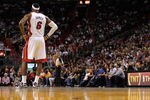 MIAMI, FL - DECEMBER 27:  LeBron James #6 of the Miami Heat stands on the court during a game against the Boston Celtics at American Airlines Arena on December 27, 2011 in Miami, Florida. NOTE TO USER: User expressly acknowledges and agrees that, by downloading and/or using this Photograph, User is consenting to the terms and conditions of the Getty Images License Agreement.  (Photo by Mike Ehrmann/Getty Images)