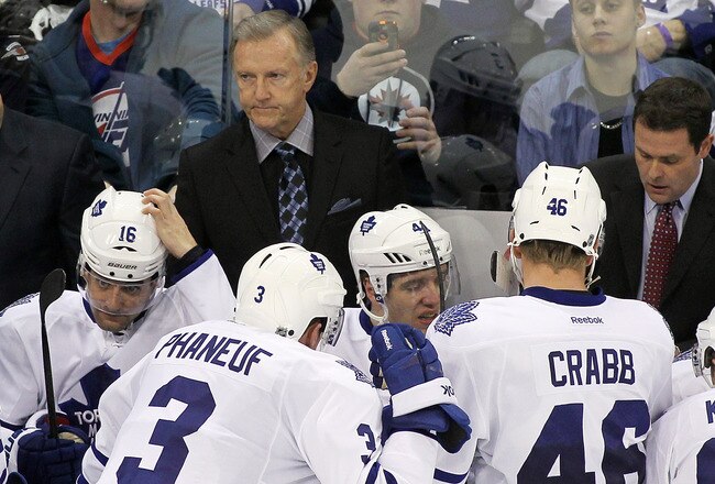 WINNIPEG, CANADA - DECEMBER 31: Toronto Maple Leafs' head coach Ron Wilson watches from the bench in a game against the Winnipeg Jets in NHL action at the MTS Centre on December 31, 2011 in Winnipeg, Manitoba, Canada. (Photo by Marianne Helm/Getty Images)