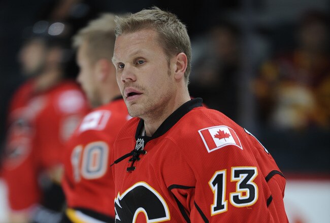 CALGARY, CANADA - OCTOBER 26: Olli Jokinen #13 of the Calgary Flames skates against the Colorado Avalanche on October 26, 2011 at Scotiabank Saddledome in Calgary, Alberta, Canada. (Photo by Dale MacMillan/Getty Images)