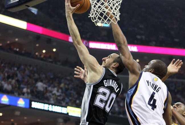MEMPHIS, TN - APRIL 29:  Manu Ginobili #20 of the San Antonio Spurs shoots the ball while defended by Sam Young #4 of the Memphis Grizzlies in Game Six of the Western Conference Quarterfinals in the 2011 NBA Playoffs at FedExForum on April 29, 2011 in Memphis, Tennessee. NOTE TO USER: User expressly acknowledges and agrees that, by downloading and/or using this Photograph, User is consenting to the terms and conditions of the Getty Images License Agreement.  (Photo by Andy Lyons/Getty Images)
