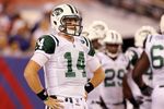 EAST RUTHERFORD, NJ - AUGUST 29:  Greg McElroy #14 of the New York Jets in action against the New York Giants during their pre season game on August 29, 2011 at MetLife Stadium in East Rutherford, New Jersey.  (Photo by Jim McIsaac/Getty Images)