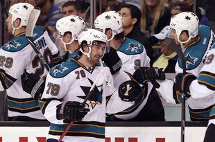 BOSTON, MA - OCTOBER 22:  Benn Ferriero #78 of the San Jose Sharks is congratulated after scoring the game winning goal in the third period against the Boston Bruins on October 22, 2011 at TD Garden in Boston, Massachusetts. The San Jose Sharks defeated the Boston Bruins 4-2.  (Photo by Elsa/Getty Images)