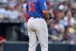 ATLANTA, GA - AUGUST 12:  Pitcher Carlos Zambrano #38 of the Chicago Cubs looks to first base during the game against the Atlanta Braves at Turner Field on August 12, 2011 in Atlanta, Georgia.  (Photo by Mike Zarrilli/Getty Images)