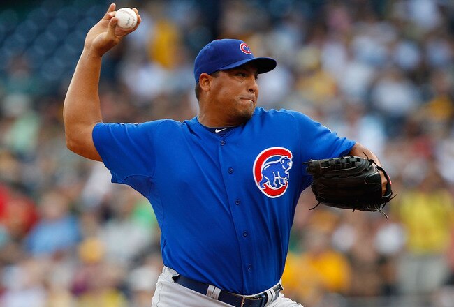 PITTSBURGH - AUGUST 01:  Carlos Zambrano #38 of the Chicago Cubs pitches against the Pittsburgh Pirates during the game on August 1, 2011 at PNC Park in Pittsburgh, Pennsylvania.  (Photo by Jared Wickerham/Getty Images)