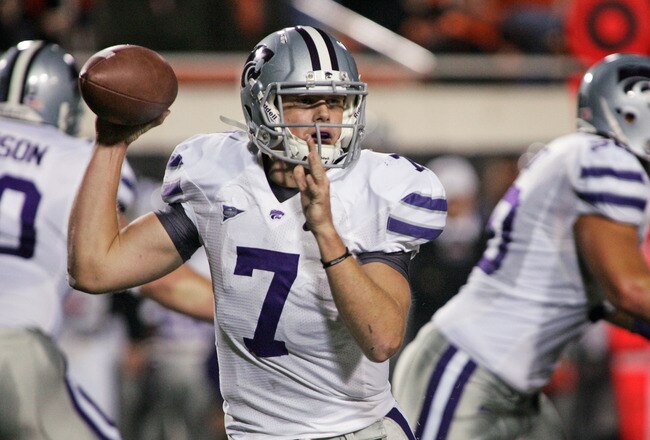 STILLWATER, OK - NOVEMBER 5:  Quarterback Collin Klein #7 of the Kansas State Wildcats looks to throw in the first half against the Oklahoma State Cowboys on November 5, 2011 at Boone Pickens Stadium in Stillwater, Oklahoma.  Oklahoma State defeated Kansas State 52-45.  (Photo by Brett Deering/Getty Images)