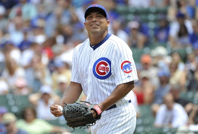 CHICAGO, IL - JULY 22:  Starting pitcher Carlos Zambrano #38 of the Chicago Cubs stands on the mound during the second inning against the Houston Astros at Wrigley Field on July 22, 2011 in Chicago, Illinois. The Cubs won 4-2.  (Photo by Brian Kersey/Getty Images)