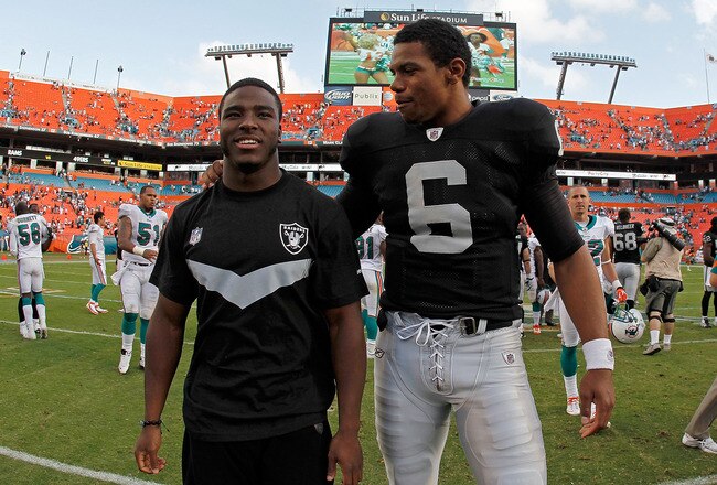 MIAMI GARDENS, FL - DECEMBER 04:  Terrelle Pryor #6 of the Oakland Raiders walks off the field after a game against the Miami Dolphins at Sun Life Stadium on December 4, 2011 in Miami Gardens, Florida.  (Photo by Mike Ehrmann/Getty Images)
