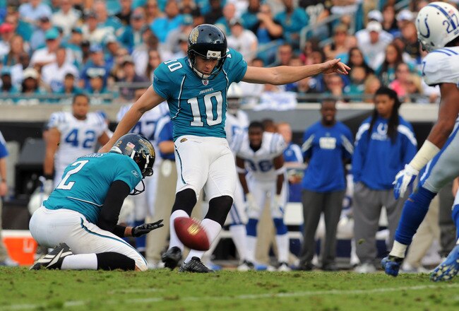 JACKSONVILLE, FL - JANUARY 01:  Kicker Josh Scobee #10  of the Jacksonville Jaguars converts a field goal against the Indianapolis Colts January 1, 2012 at EverBank Field in Jacksonville, Florida.  Scobee converted four field goals in the game. (Photo by Al Messerschmidt/Getty Images)