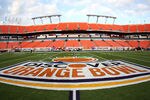 MIAMI, FL - JANUARY 03:  A detail view of the Orange Bowl logo on the 50 yard line is seen in the stadium prior to the Stanford Cardinal playing against the Virginai Tech Hokies during the 2011 Discover Orange Bowl at Sun Life Stadium on January 3, 2011 in Miami, Florida.  (Photo by Mike Ehrmann/Getty Images)