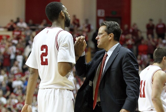 BLOOMINGTON, IN - NOVEMBER 19:  Tom Crean the Head Coach of the Indiana Hoosiers congratulates Christian Watford #2 during the game against the Savannah State Tigers at Assembly Hall on November 19, 2011 in Bloomington, Indiana.  (Photo by Andy Lyons/Getty Images)