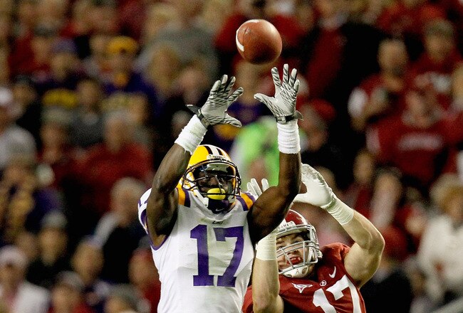 TUSCALOOSA, AL - NOVEMBER 05:  Morris Claiborne #17 of the LSU Tigers makes an interception over Brad Smelley #17 of the Alabama Crimson Tide during the second half of the game at Bryant-Denny Stadium on November 5, 2011 in Tuscaloosa, Alabama.  (Photo by Kevin C. Cox/Getty Images)