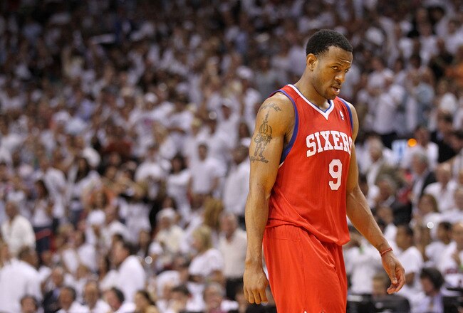 MIAMI, FL - APRIL 27:  Andre Iguodala #9 of the Philadelphia 76ers walks off the floor during game five of the Eastern Conference Quarterfinals in the 2011 NBA Playoffs against the Miami Heat at American Airlines Arena on April 27, 2011 in Miami, Florida. NOTE TO USER: User expressly acknowledges and agrees that, by downloading and/or using this Photograph, User is consenting to the terms and conditions of the Getty Images License Agreement.  (Photo by Mike Ehrmann/Getty Images)