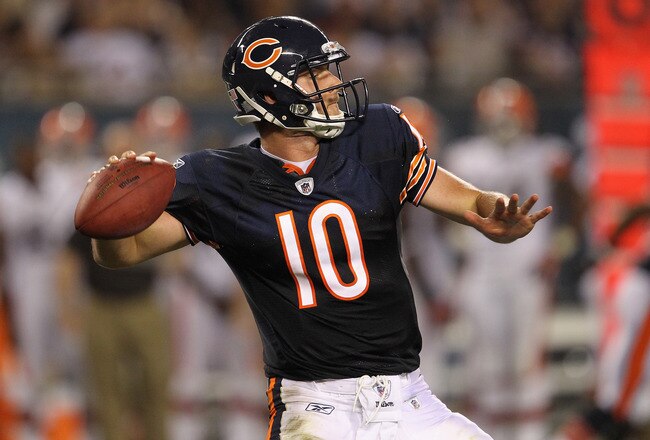 CHICAGO, IL - SEPTEMBER 01: Nathan Enderle #10 of the Chicago Bears throws a pass against the Cleveland Browns during a preseason game at Soldier Field on September 1, 2011 in Chicago, Illinois.  (Photo by Jonathan Daniel/Getty Images)