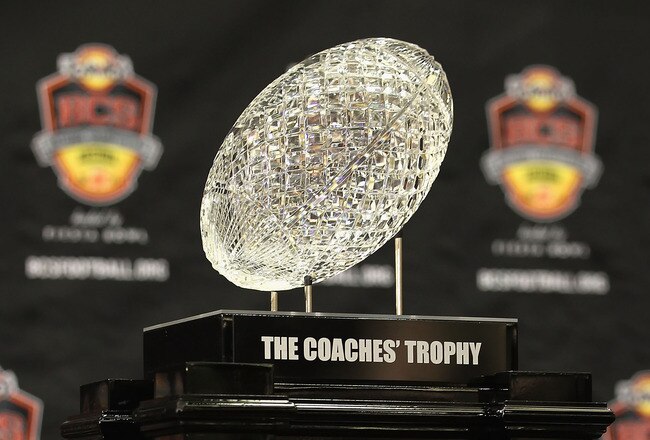 SCOTTSDALE, AZ - JANUARY 07:  The coaches trophy is displayed during Media Day for the Tostitos BCS National Championship Game at the JW Marriott Camelback Inn on January 7, 2011 in Scottsdale, Arizona.  (Photo by Christian Petersen/Getty Images)