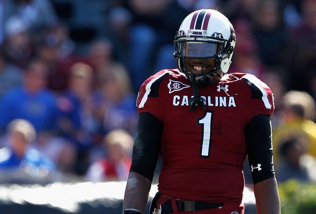 COLUMBIA, SC - NOVEMBER 12:  Alshon Jeffery #1 of the South Carolina Gamecocks smiles as he lines up for a play against the Florida Gators during their game at Williams-Brice Stadium on November 12, 2011 in Columbia, South Carolina.  (Photo by Streeter Lecka/Getty Images)