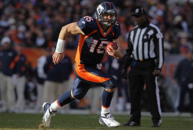 DENVER, CO - JANUARY 01:  Quarterback Tim Tebow #15 of the Denver Broncos rushes witht the ball against the Kansas City Chiefs at Sports Authority Field at Mile High on January 1, 2012 in Denver, Colorado. The Chiefs defeated the Broncos 7-3 as the Broncos advanced to the AFC playoffs.  (Photo by Doug Pensinger/Getty Images)