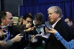 VANCOUVER, BC - FEBRUARY 22:  Hockey USA General Manager and Toronto Maple Leafs GM Brian Burke (R) speaks to the media prior to the start of the Women's USA vs. Sweden  women's semifinal game on day 11 of the Vancouver 2010 Winter Olympics at Canada Hockey Place on February 22, 2010 in Vancouver, Canada.  (Photo by Bruce Bennett/Getty Images)