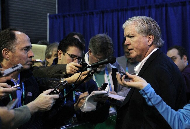 VANCOUVER, BC - FEBRUARY 22:  Hockey USA General Manager and Toronto Maple Leafs GM Brian Burke (R) speaks to the media prior to the start of the Women's USA vs. Sweden  women's semifinal game on day 11 of the Vancouver 2010 Winter Olympics at Canada Hockey Place on February 22, 2010 in Vancouver, Canada.  (Photo by Bruce Bennett/Getty Images)
