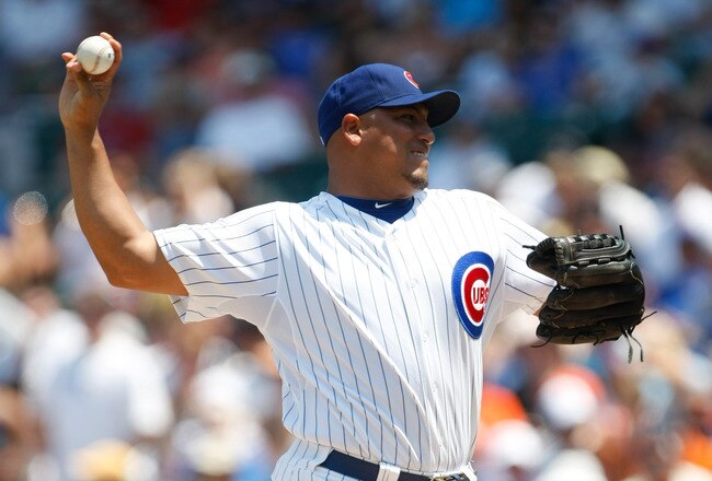 CHICAGO, IL - JUNE 30: Carlos Zambrano #38 of the Chicago Cubs pitches against the San Francisco Giants at Wrigley Field on June 30, 2011 in Chicago, Illinois. (Photo by Scott Boehm/Getty Images)