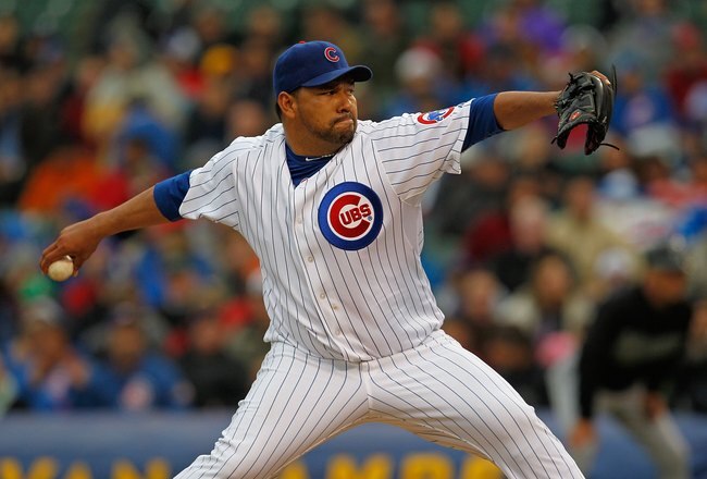 CHICAGO - MAY 12: Starting pitcher Carlos Silva #52 of the Chicago Cubs delivers the ball against the Florida Marlins at Wrigley Field on May 12, 2010 in Chicago, Illinois. The Cubs defeated the Marlins 4-3.  (Photo by Jonathan Daniel/Getty Images)