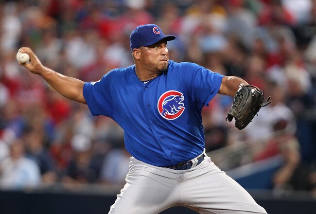 ATLANTA, GA - AUGUST 12:  Pitcher Carlos Zambrano #38 of the Chicago Cubs throws a pitch during the game against the Atlanta Braves at Turner Field on August 12, 2011 in Atlanta, Georgia.  (Photo by Mike Zarrilli/Getty Images)