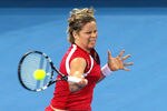 BRISBANE, AUSTRALIA - JANUARY 05:  Kim Clijsters of Belguim plays a forehand in her quarter final match against Iveta Benesova of the Czech Republic during day five of the 2012 Brisbane International at Pat Rafter Arena on January 5, 2012 in Brisbane, Australia.  (Photo by Bradley Kanaris/Getty Images)