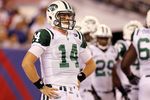 EAST RUTHERFORD, NJ - AUGUST 29:  Greg McElroy #14 of the New York Jets in action against the New York Giants during their pre season game on August 29, 2011 at MetLife Stadium in East Rutherford, New Jersey.  (Photo by Jim McIsaac/Getty Images)