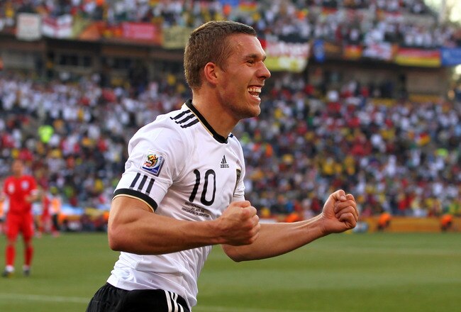 BLOEMFONTEIN, SOUTH AFRICA - JUNE 27:  Lukas Podolski of Germany celebrates scoring his side's second goal during the 2010 FIFA World Cup South Africa Round of Sixteen match between Germany and England at Free State Stadium on June 27, 2010 in Bloemfontein, South Africa.  (Photo by Clive Rose/Getty Images)