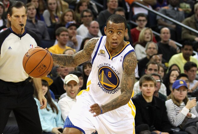 OAKLAND, CA - DECEMBER 28:  Monta Ellis #8 of the Golden State Warriors in action against the New York Knicks at Oracle Arena on December 28, 2011 in Oakland, California.  NOTE TO USER: User expressly acknowledges and agrees that, by downloading and or using this photograph, User is consenting to the terms and conditions of the Getty Images License Agreement.  (Photo by Ezra Shaw/Getty Images)