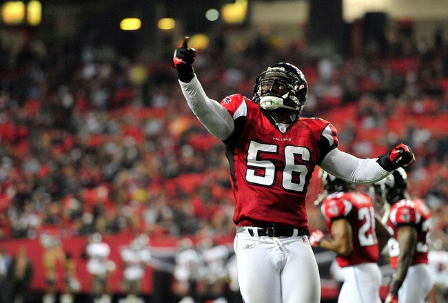 ATLANTA, GA - JANUARY 01: Sean Weatherspoon #56 of the Atlanta Falcons celebrates after stopping a two-point conversion attempt by the Tampa Bay Buccaneers during play at the Georgia Dome on January 1, 2012 in Atlanta, Georgia. The Falcons won 45-24. (Photo by Grant Halverson/Getty Images)