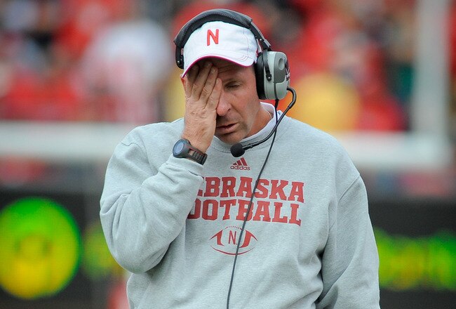 LINCOLN, NE - OCTOBER 29: Nebraska Cornhuskers coach Bo Pelini reacts during their game against the Michigan State Spartans at Memorial Stadium October 29, 2011 in Lincoln, Nebraska. Nebraska defeated Michigan State 24-3. (Photo by Eric Francis/Getty Images)